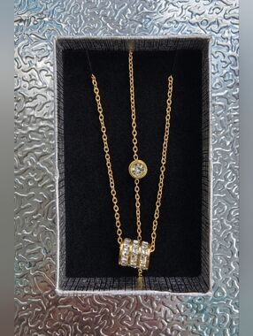 Classic Stainless Steel Gold CZ Barrel Necklace & Solitare Bracelet Capsule Set